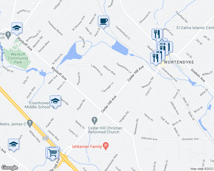 map of restaurants, bars, coffee shops, grocery stores, and more near 331 Lakeview Drive in Wyckoff