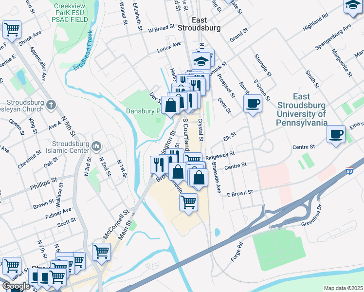 map of restaurants, bars, coffee shops, grocery stores, and more near 40 Hallet Street in East Stroudsburg