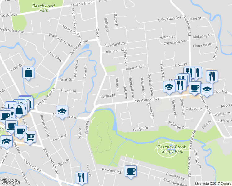 map of restaurants, bars, coffee shops, grocery stores, and more near 538 Bryant Place in River Vale