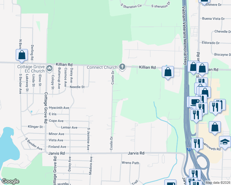 map of restaurants, bars, coffee shops, grocery stores, and more near 3067 Conlin Drive in Akron