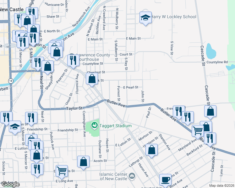 map of restaurants, bars, coffee shops, grocery stores, and more near 624 Forrest Street in New Castle