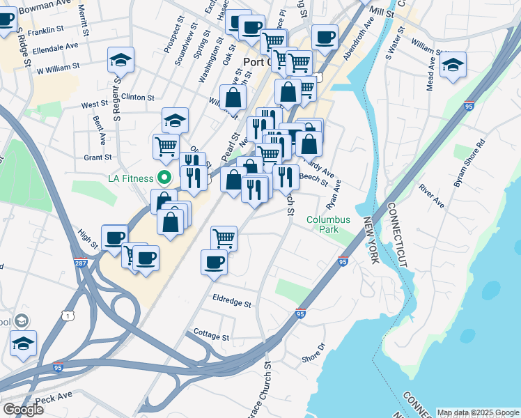 map of restaurants, bars, coffee shops, grocery stores, and more near 41 Midland Avenue in Port Chester
