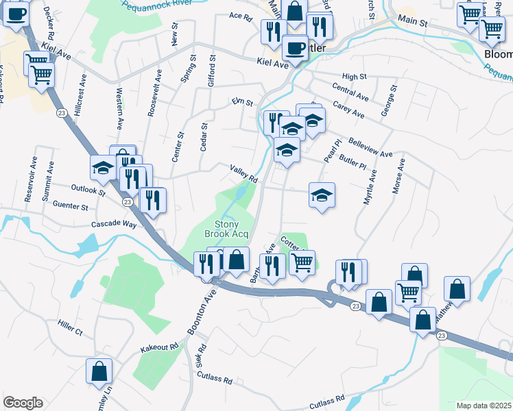 map of restaurants, bars, coffee shops, grocery stores, and more near 151 Boonton Avenue in Butler