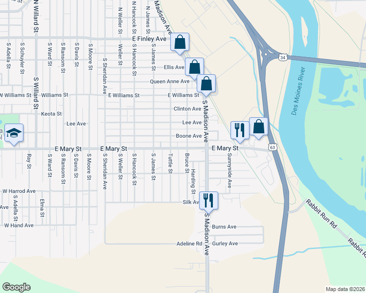 map of restaurants, bars, coffee shops, grocery stores, and more near 925 East Mary Street in Ottumwa