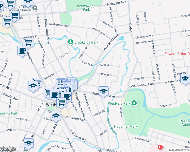 map of restaurants, bars, coffee shops, grocery stores, and more near 33 Terrace Drive in Westwood