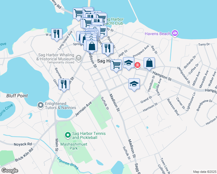 map of restaurants, bars, coffee shops, grocery stores, and more near 181 Madison Street in Sag Harbor
