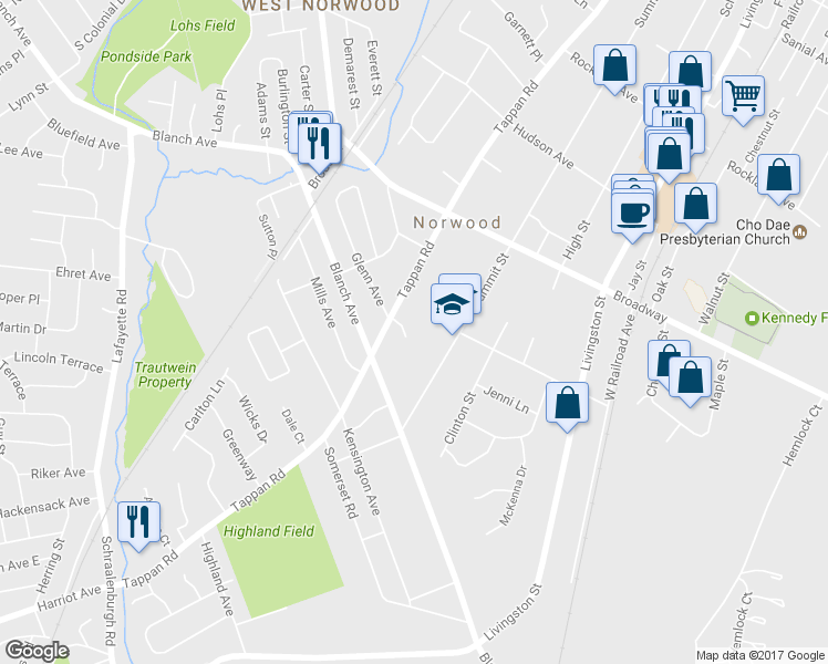 map of restaurants, bars, coffee shops, grocery stores, and more near 3 Villa Court in Norwood