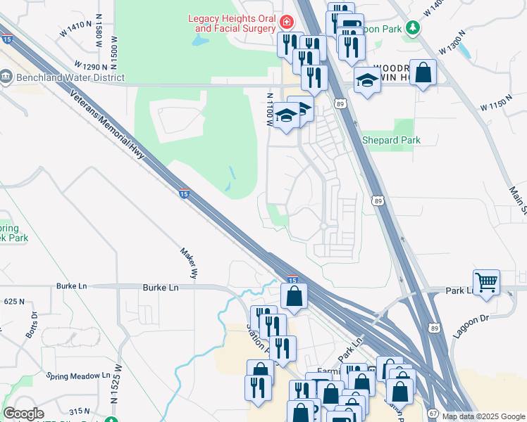 map of restaurants, bars, coffee shops, grocery stores, and more near 877 North 1100 West in Farmington