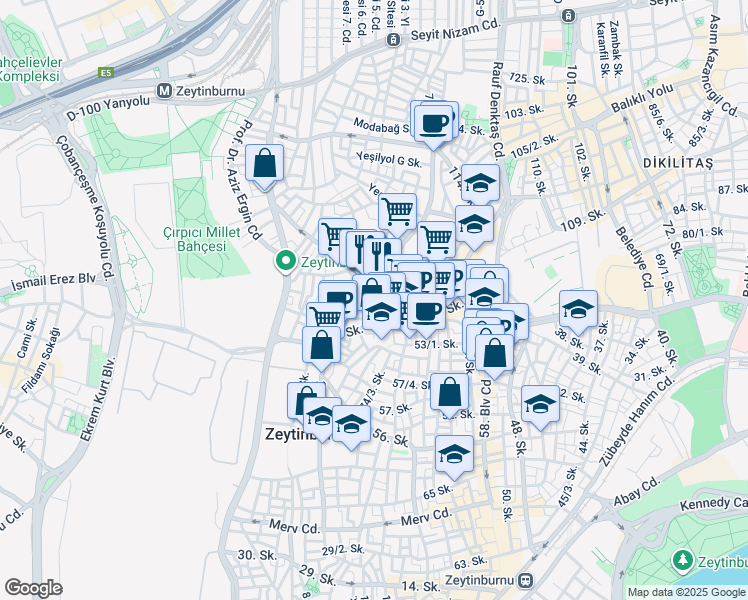 map of restaurants, bars, coffee shops, grocery stores, and more near 17 74 Ara Sokak in Zeytinburnu