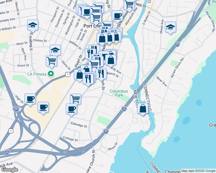 map of restaurants, bars, coffee shops, grocery stores, and more near 17 Nicola Place in Port Chester