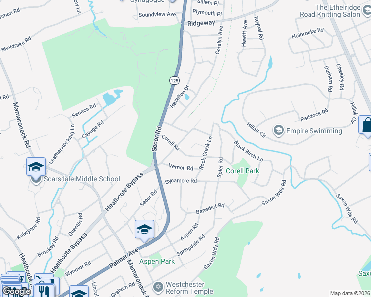 map of restaurants, bars, coffee shops, grocery stores, and more near 29 Corell Road in Scarsdale