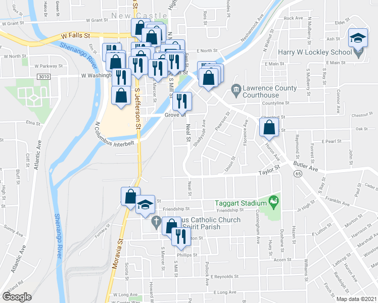 map of restaurants, bars, coffee shops, grocery stores, and more near 398 Shadyside Avenue in New Castle