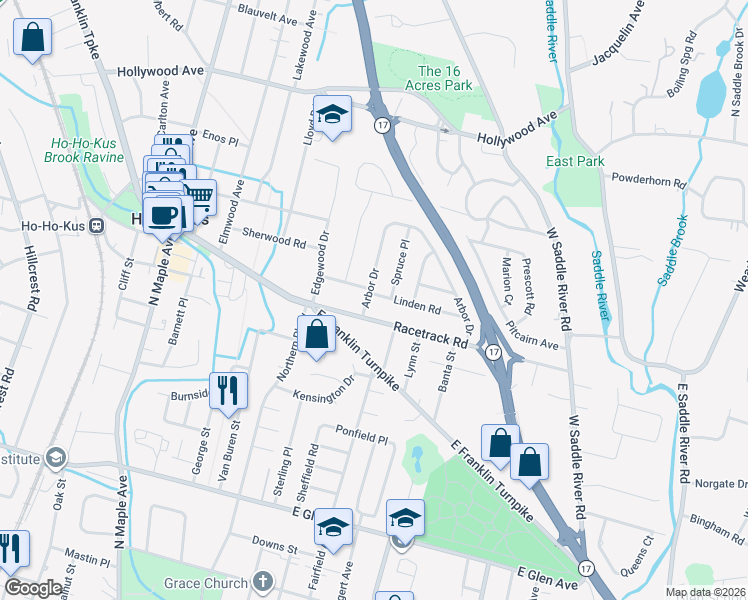 map of restaurants, bars, coffee shops, grocery stores, and more near 4 Linden Road in Ho-Ho-Kus