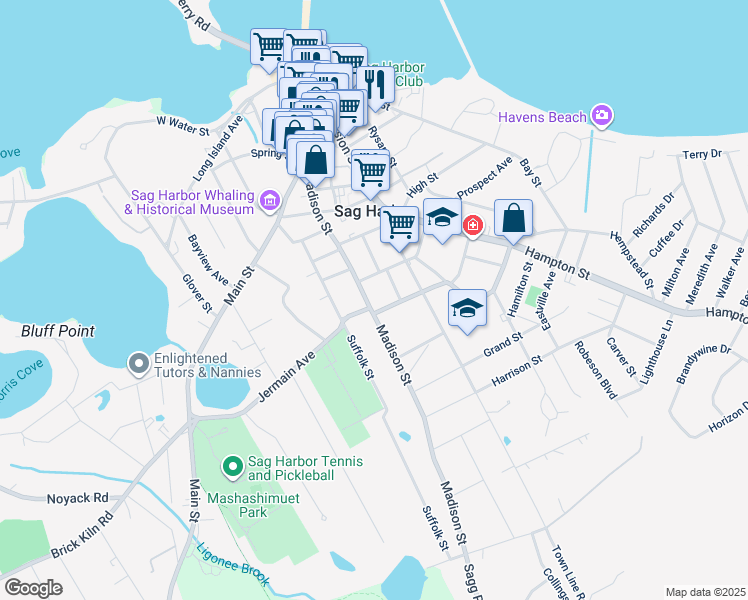 map of restaurants, bars, coffee shops, grocery stores, and more near 181 Madison Street in Sag Harbor