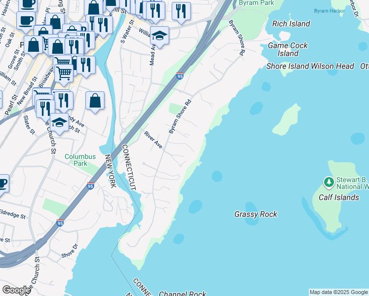 map of restaurants, bars, coffee shops, grocery stores, and more near 145 Byram Shore Road in Greenwich