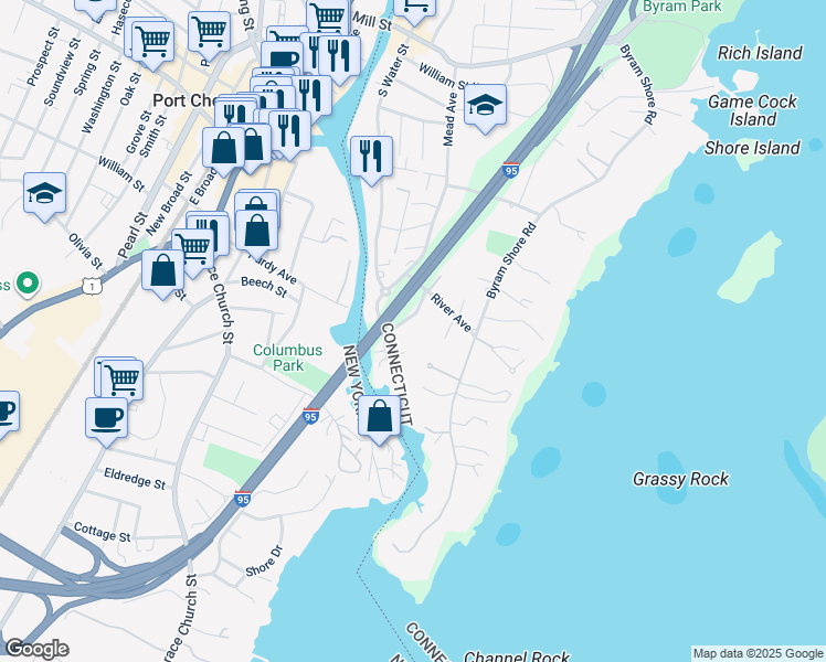 map of restaurants, bars, coffee shops, grocery stores, and more near 24 Cliff Avenue in Greenwich