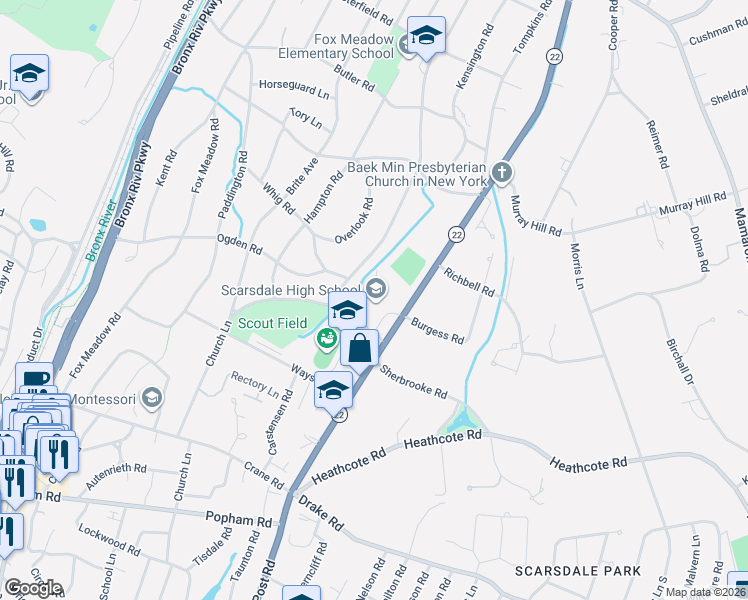 map of restaurants, bars, coffee shops, grocery stores, and more near 1055 Post Road in Scarsdale