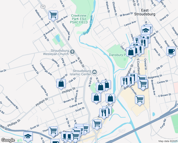 map of restaurants, bars, coffee shops, grocery stores, and more near 540 N 5th St in Stroudsburg