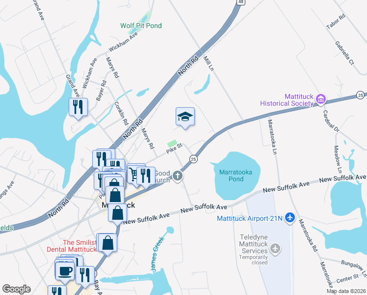 map of restaurants, bars, coffee shops, grocery stores, and more near 2490 Pike Street in Mattituck