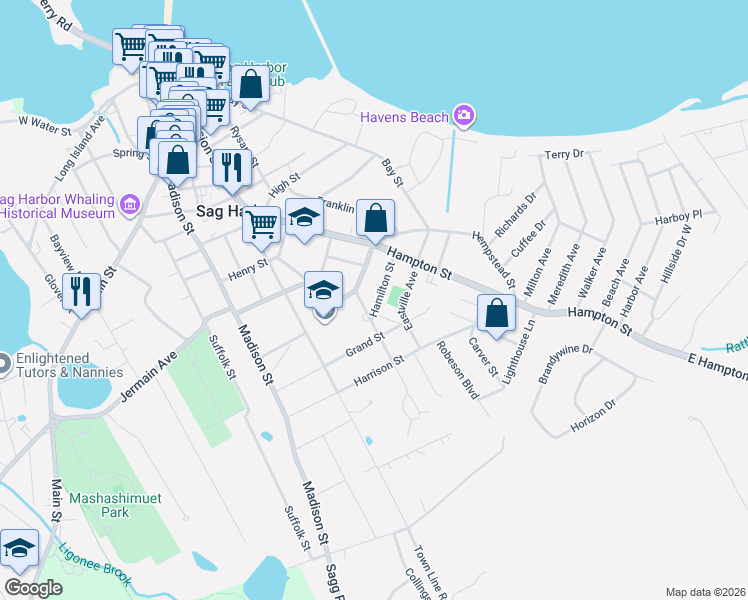 map of restaurants, bars, coffee shops, grocery stores, and more near 36 Hamilton Street in Sag Harbor