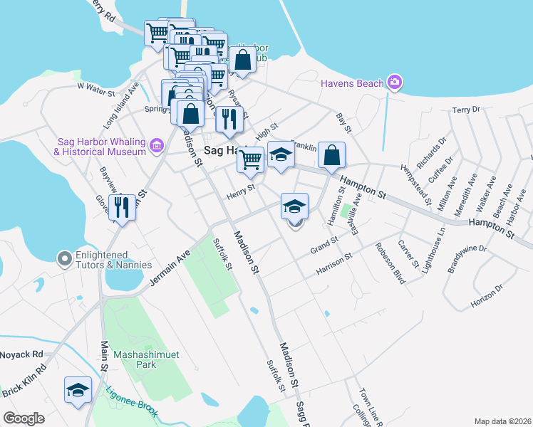 map of restaurants, bars, coffee shops, grocery stores, and more near 152 Jermain Avenue in Sag Harbor