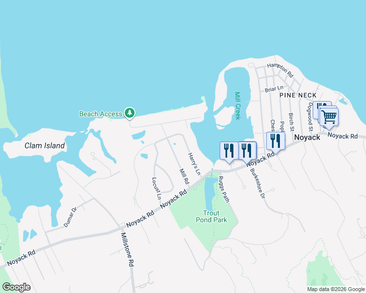map of restaurants, bars, coffee shops, grocery stores, and more near 42 Mill Road in Sag Harbor