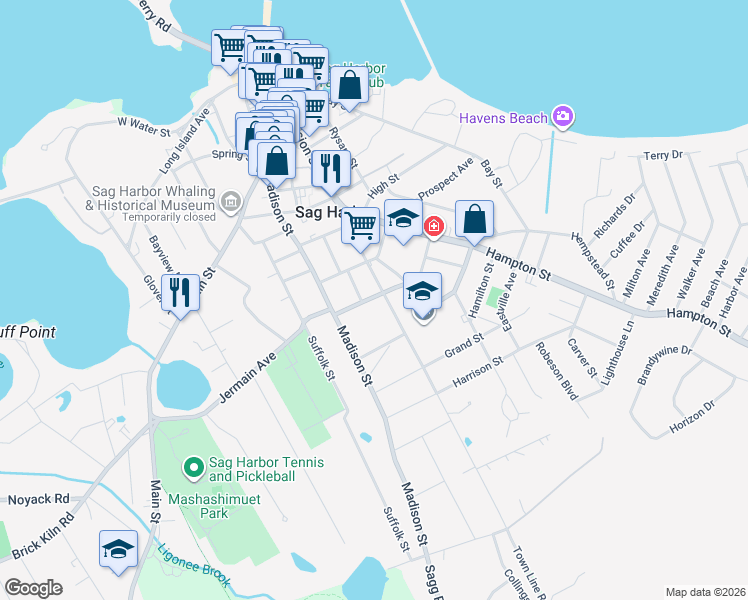 map of restaurants, bars, coffee shops, grocery stores, and more near 152 Jermain Avenue in Sag Harbor
