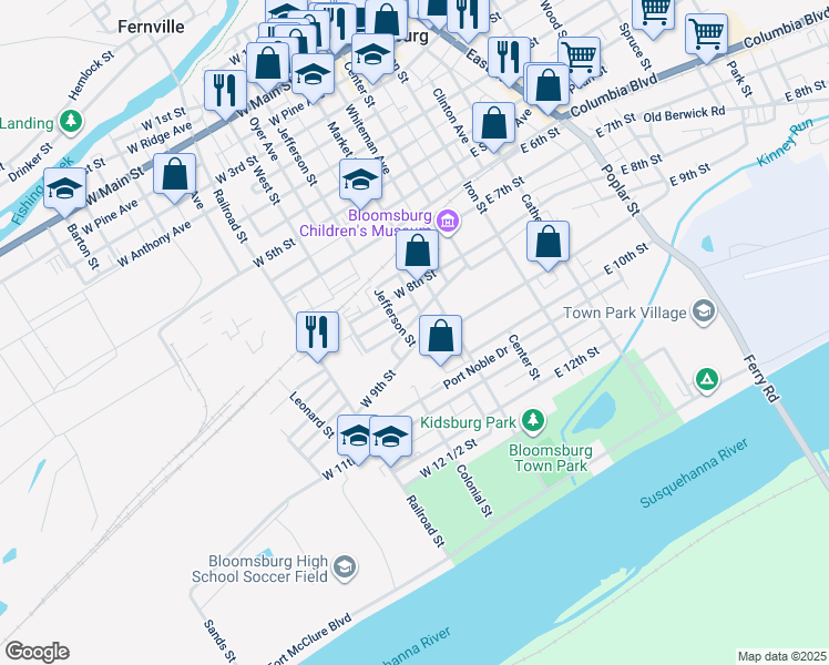 map of restaurants, bars, coffee shops, grocery stores, and more near 153 West 9th Street in Bloomsburg