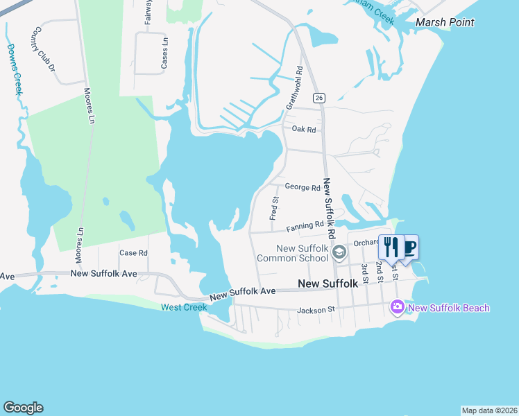 map of restaurants, bars, coffee shops, grocery stores, and more near 1380 Grathwohl Road in New Suffolk