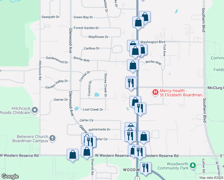 map of restaurants, bars, coffee shops, grocery stores, and more near 8411 Stoney Creek Drive in Youngstown