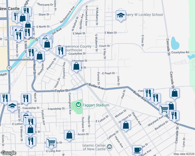 map of restaurants, bars, coffee shops, grocery stores, and more near 624 Forrest Street in New Castle