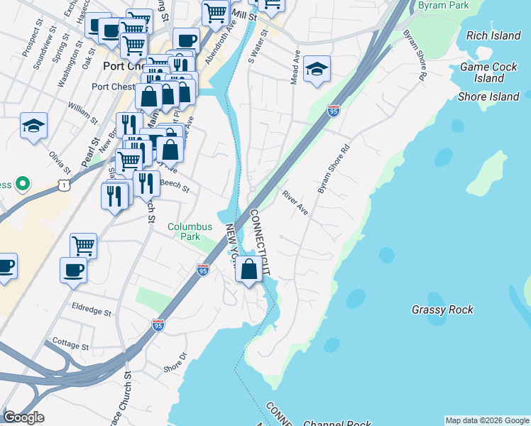 map of restaurants, bars, coffee shops, grocery stores, and more near 32 Cliff Avenue in Greenwich