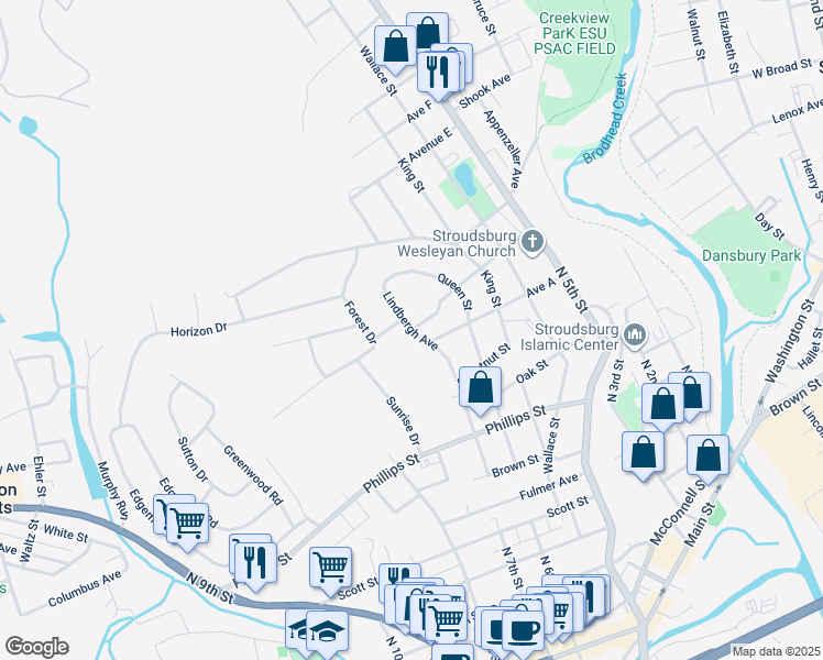 map of restaurants, bars, coffee shops, grocery stores, and more near 899 Lindbergh Ave in Stroudsburg