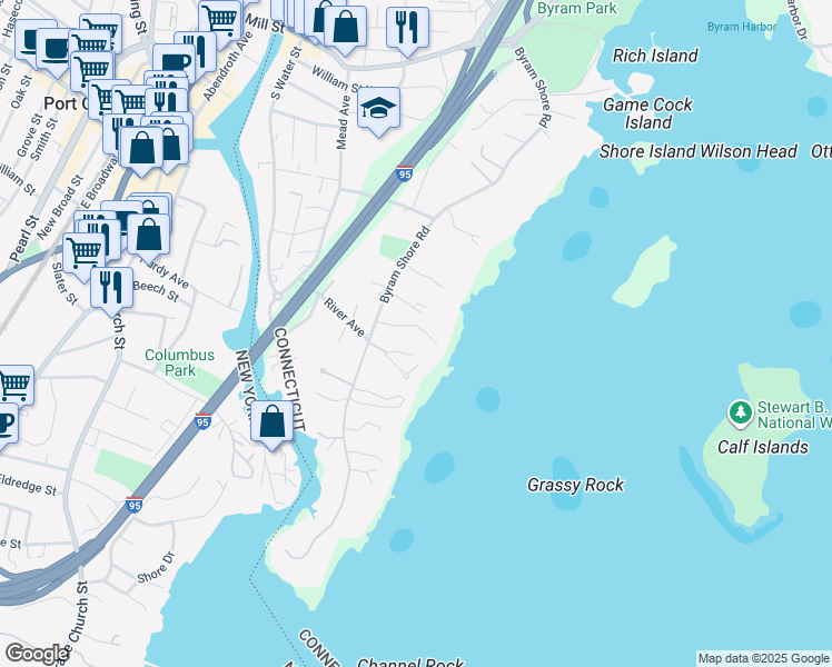map of restaurants, bars, coffee shops, grocery stores, and more near 145 Byram Shore Road in Greenwich