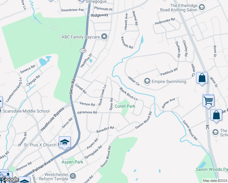 map of restaurants, bars, coffee shops, grocery stores, and more near 116 Spier Road in Scarsdale