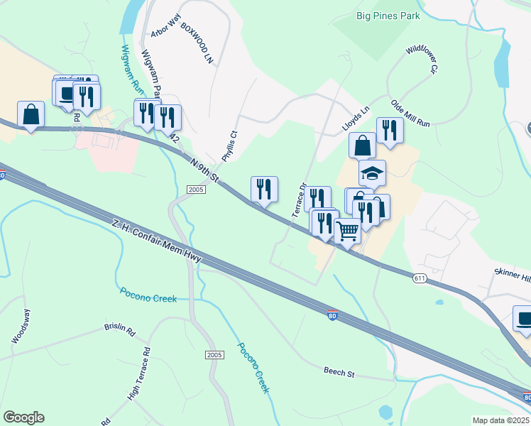 map of restaurants, bars, coffee shops, grocery stores, and more near 3110 Pennsylvania 611 in Stroudsburg