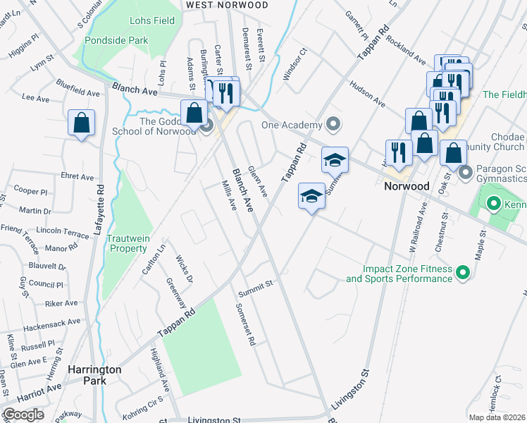 map of restaurants, bars, coffee shops, grocery stores, and more near 137 Tappan Road in Norwood