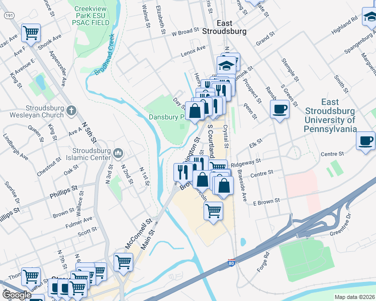 map of restaurants, bars, coffee shops, grocery stores, and more near in Stroudsburg