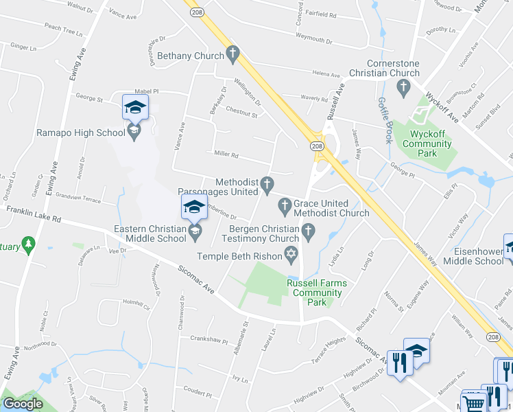map of restaurants, bars, coffee shops, grocery stores, and more near Farview Avenue in Wyckoff