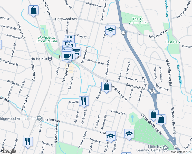 map of restaurants, bars, coffee shops, grocery stores, and more near 274 Franklin Turnpike in Ridgewood