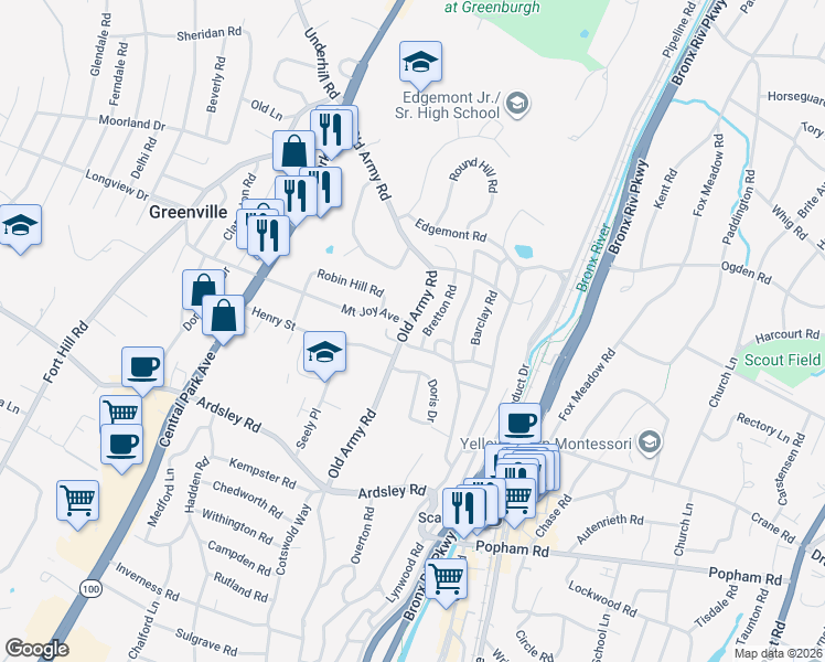 map of restaurants, bars, coffee shops, grocery stores, and more near 208 Old Army Road in Scarsdale