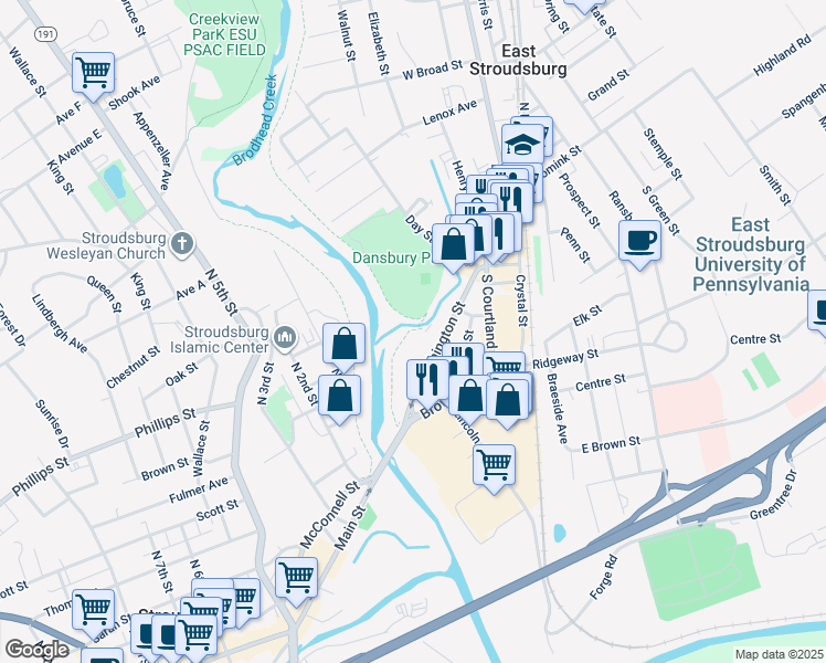 map of restaurants, bars, coffee shops, grocery stores, and more near 117 Salvation Army Drive in East Stroudsburg