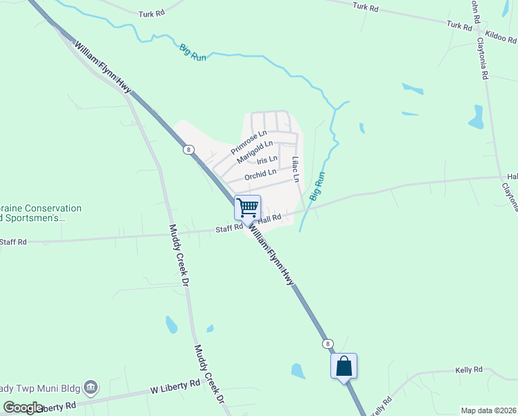 map of restaurants, bars, coffee shops, grocery stores, and more near 105 Hall Road in Slippery Rock