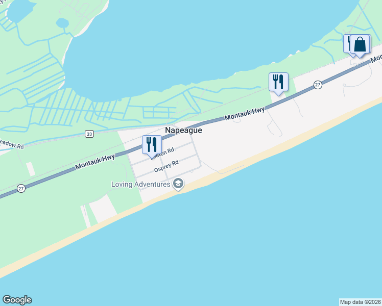 map of restaurants, bars, coffee shops, grocery stores, and more near 87 Osprey Road in Montauk