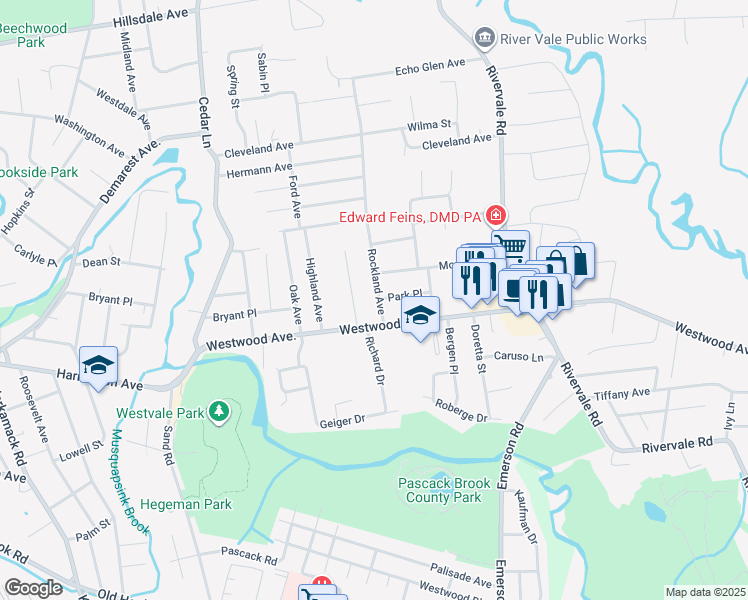 map of restaurants, bars, coffee shops, grocery stores, and more near 209 Rockland Ave in River Vale
