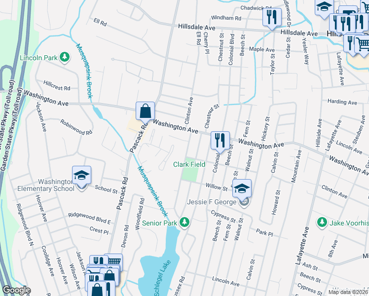 map of restaurants, bars, coffee shops, grocery stores, and more near 2604 Cleveland Avenue in Township of Washington