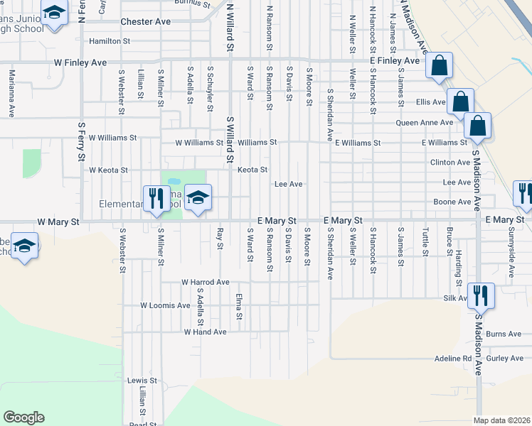 map of restaurants, bars, coffee shops, grocery stores, and more near 453 South Ransom Street in Ottumwa
