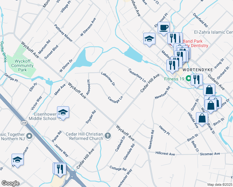 map of restaurants, bars, coffee shops, grocery stores, and more near 331 Lakeview Drive in Wyckoff