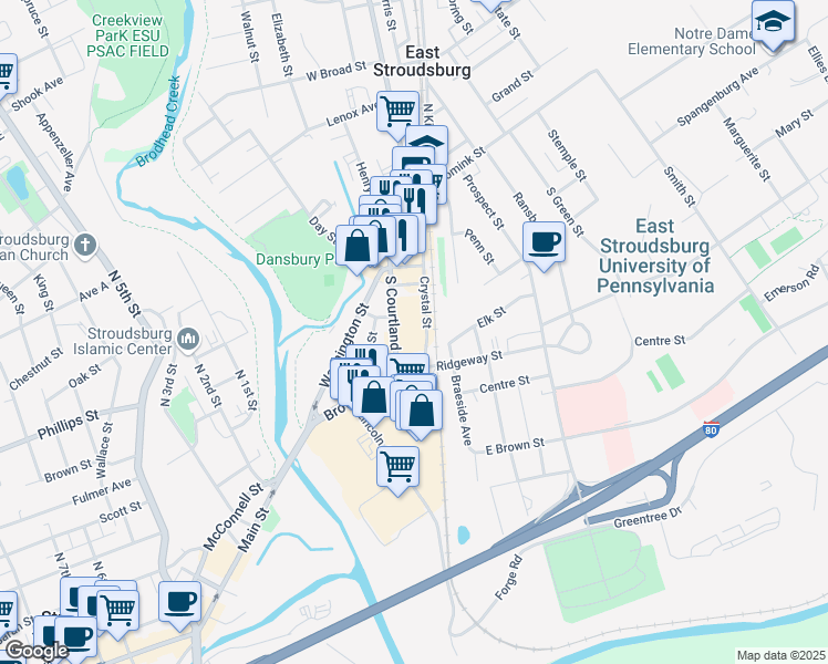 map of restaurants, bars, coffee shops, grocery stores, and more near 250 South Courtland Street in East Stroudsburg
