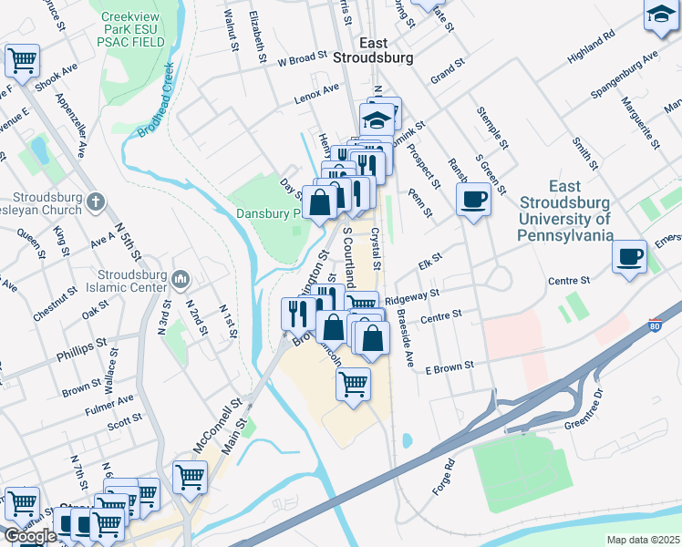 map of restaurants, bars, coffee shops, grocery stores, and more near in Stroudsburg